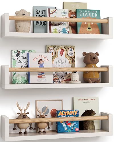 Set of 3 Wall-Mounted Floating Nursery Book Shelves for Kids Room
