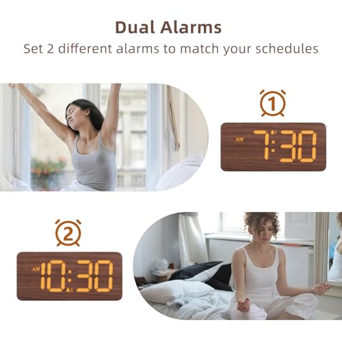 Wooden Digital Alarm Clock - Dimmable Display, Dual Alarms & USB Port