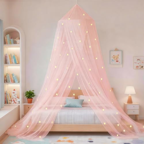 Glow in the Dark Princess Bed Canopy - Pink Hanging Mosquito Net Decor