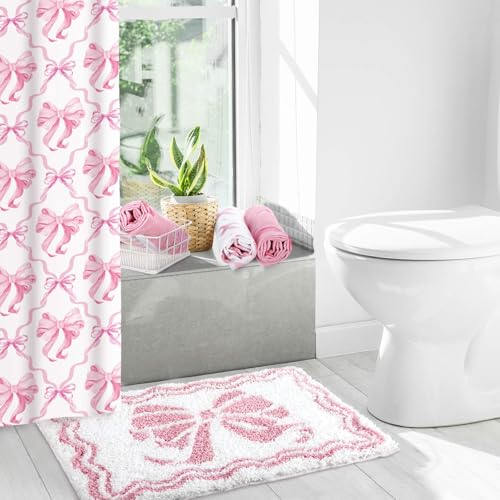 18-Piece Pink Bow Shower Curtain Set with Rug, Towels, and Decorative Hooks