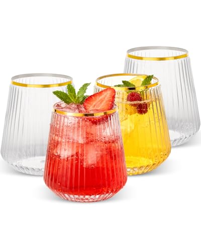 36 Pack 12oz Stemless Plastic Wine Glasses with Gold Rim, Ribbed Design