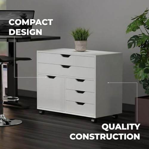 Mobile Storage Cabinet with 1 Door and 5 Drawers, White