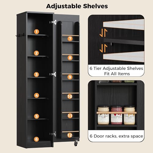 IRONCK Black Narrow Kitchen Pantry Cabinet 72" Slim Tall Storage Closet