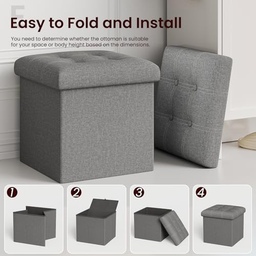 15-Inch Foldable Storage Ottoman, Linen-Look Foot Rest with Hidden Storage