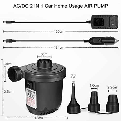 Portable Electric Air Pump for Inflatables, Quick-Fill Pump with 3 Nozzles