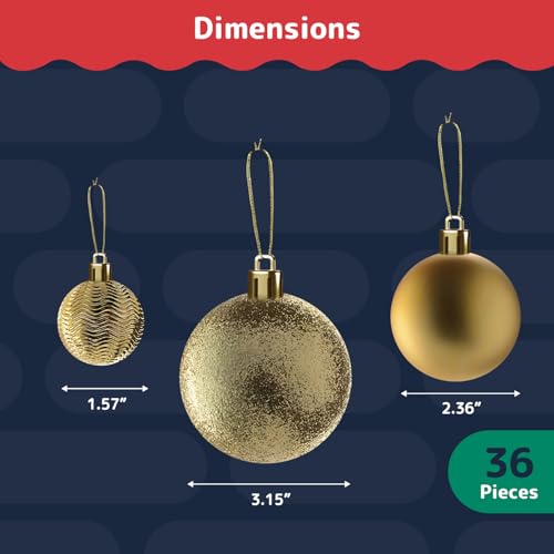 36-Piece Shatterproof Gold Christmas Ornament Set - Assorted Sizes & Finishes