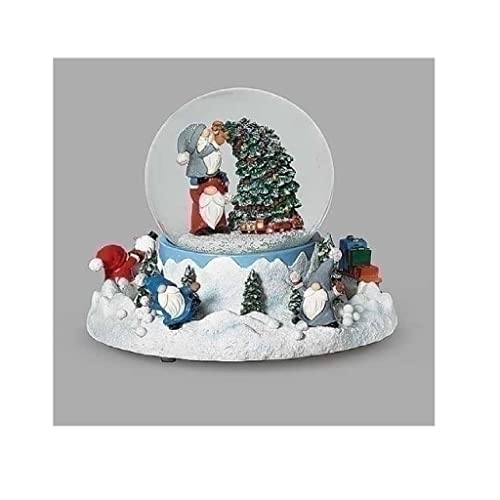 Roman, 5.75" H Musical Gnomes Decorating a Christmas Tree Glitterdome with Roating Base, Tabletop Christmas Decoration, Holly Jolly Christmas