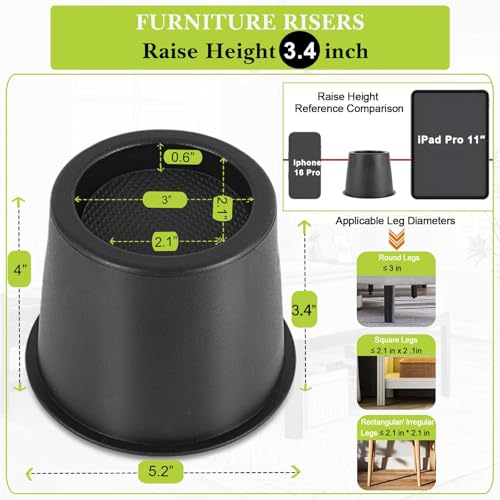 Heavy-Duty Bed & Furniture Risers 4 Inch (3.4" Lift) - 4 Pack, Black