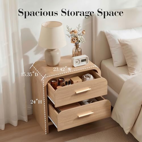 2-Drawer Curved Nightstand Set - Modern Wooden Bedside Table, 24-Inch