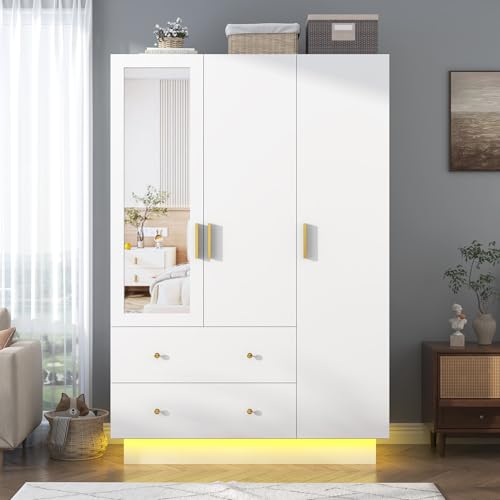 3-Door Wardrobe Closet with Mirror, LED Lights, and Storage Drawers