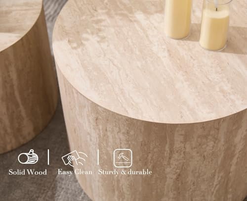 Round Wood Nesting Coffee Table Set of 2 - Minimalist Modern Side Tables