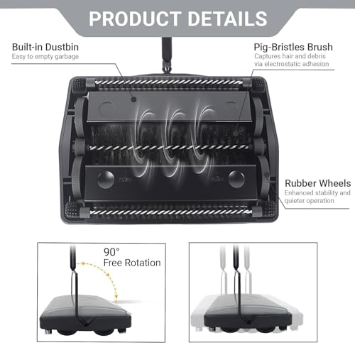 Manual Carpet Sweeper with Natural Pig-Bristle Roller Brush