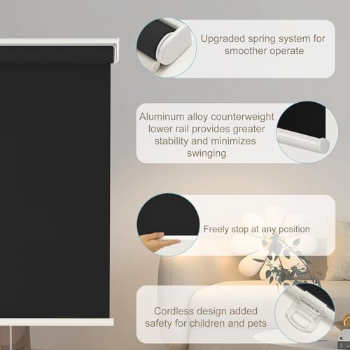 Cordless Blackout Roller Shades 100% Room Darkening, 48" x 72"