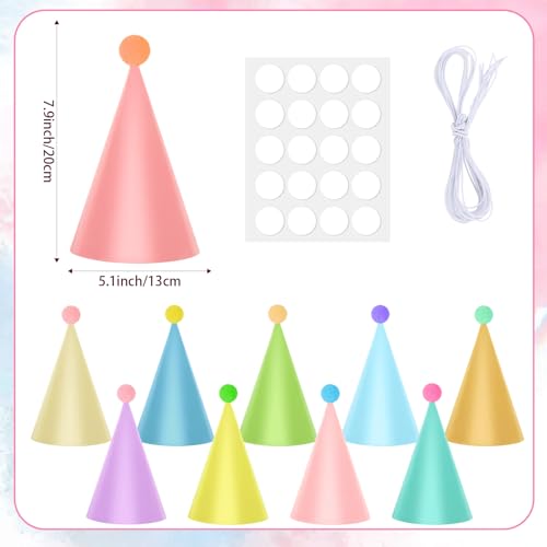 10 Pack Pastel Party Hats for Kids & Adults with Pom Poms