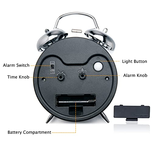 Loud Twin Bell Metal Alarm Clock for Heavy Sleepers, Non-Ticking 4.5 Inch