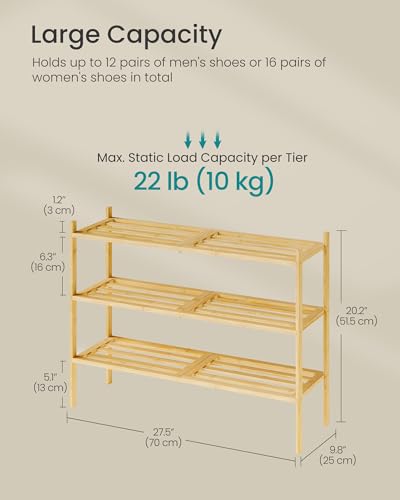 3-Tier Bamboo Shoe Rack, Stackable Entryway Shoe Organizer Shelf