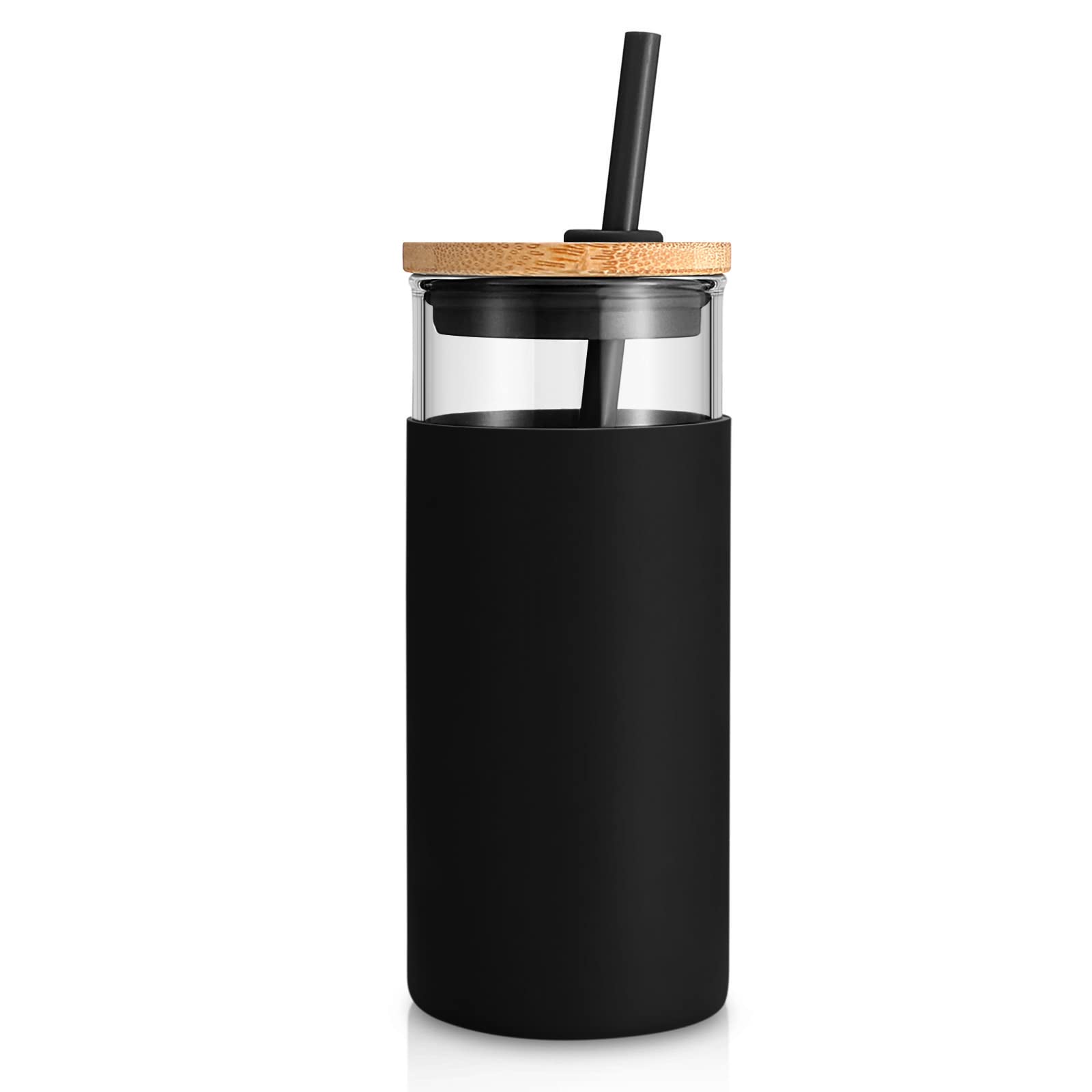 Tronco 20 oz Glass Tumbler with Lid and Straw, Iced Coffee Cup and Smoothie Cup with Bamboo Lids & Protective Silicone Sleeve, Dishwasher Safe, BPA-Free, Glass Cup 1 Pack