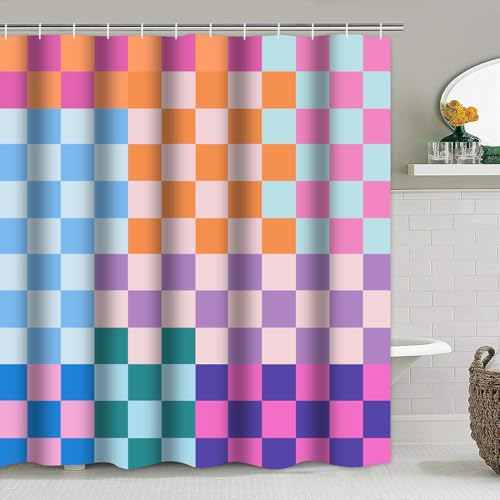 4-Piece Checkered Shower Curtain and Bath Rug Set with Toilet Mat