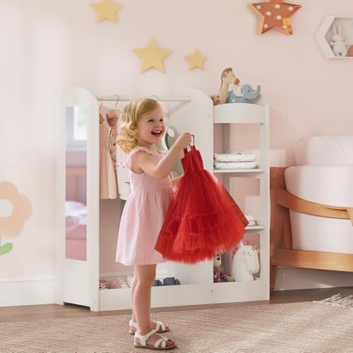 Kids Wooden Dress-Up Storage Armoire with Mirror and Hanging Rack