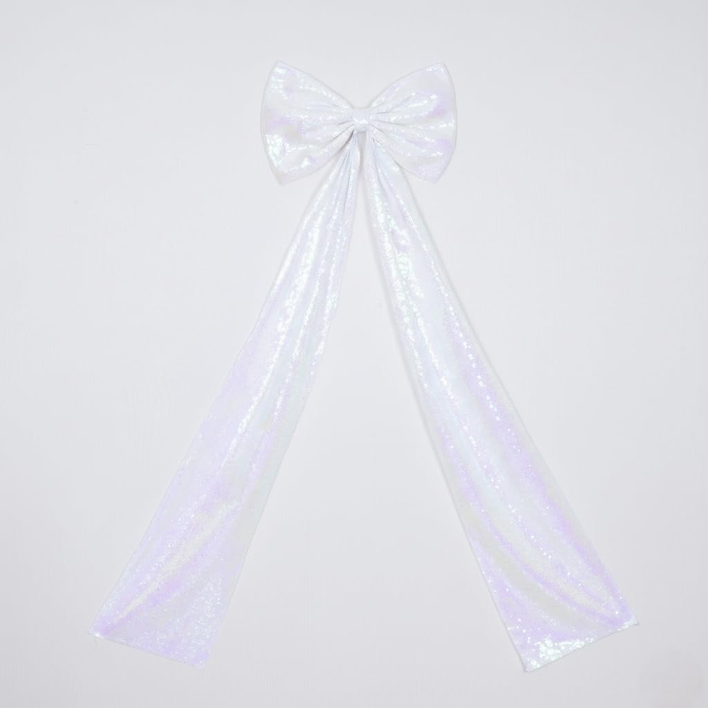 PartyDelight Large Bow Decorations - Big White Iridescent Sequin Ribbon Tie | 16x47 Inches for Christmas Tree Topper & Party Decor