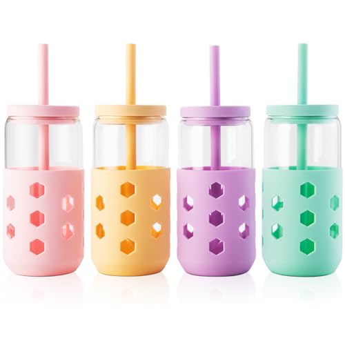 16oz Glass Iced Coffee Cups with Lids and Straws, 4-Pack Mint