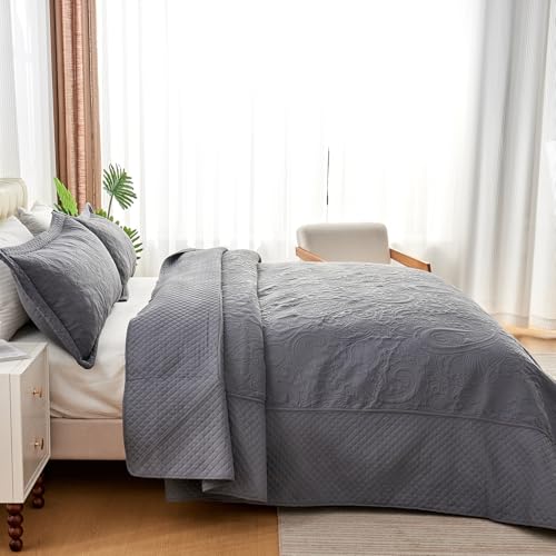 ECHODRM Oversized King Quilt Set 120x118 Dark Grey Floral Microfiber Bedding