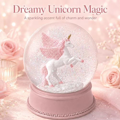 100mm Pink Unicorn Snow Globe with Glitter for Bedroom Shelf Decor