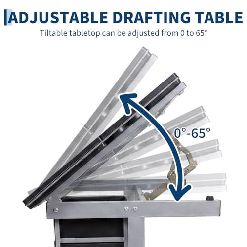 Adjustable Glass Drafting Table with Wheels, Drawers and Storage Trays