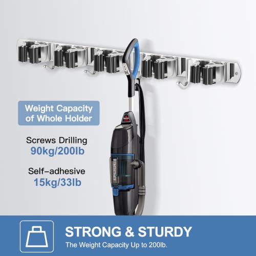 IMILLET 2 Pack Stainless Steel Wall Mount Broom & Mop Organizer with 4 Hooks, Heavy Duty Garage Storage