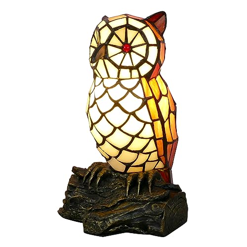 Cute Owl Tiffany Style Stained Glass Table Lamp with LED Night Light
