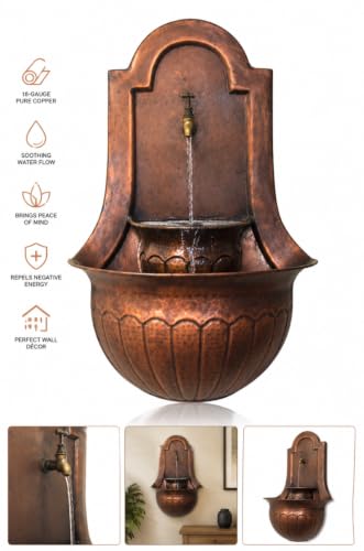 Handcrafted 16-Gauge Pure Copper Wall Fountain - Antique Hammered Water Feature