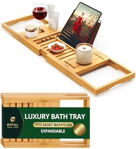 Royal Craft Wood Natural Bamboo Expandable Bathtub Caddy Tray - Foldable Bath Shelf for Tub, Water-Resistant Bathroom Accessory