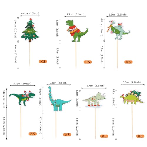 YCTHUNFISH 35 Pack Dinosaur Christmas Cupcake Toppers – 7 Patterns, Pre-assembled Party Picks (Variation 16)
