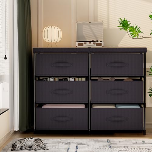 6-Drawer Fabric Dresser Storage Tower with Wooden Top & Metal Frame