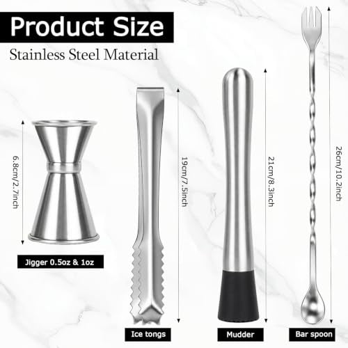 Silver 4-Piece Cocktail Bar Tool Set with Muddler, Jigger, Spoon & Tongs