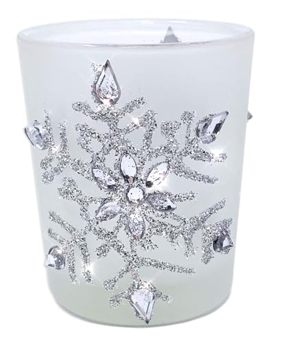 Snowflake Frosted Glass Candle Holders with LED Candles - Set of 3