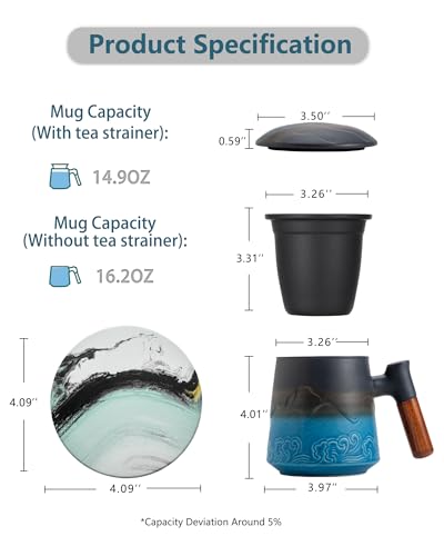 ZENS 15.2oz Blue Tea Cup with Infuser, Lid & Coaster - Handcrafted Ceramic