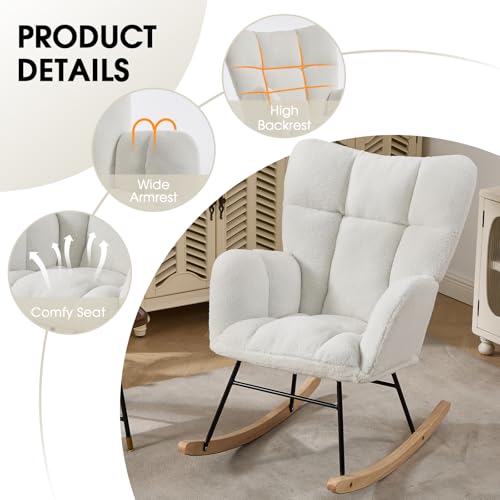 Teddy Upholstered Nursery Rocking Chair with Cushion & Wood Legs - Ivory