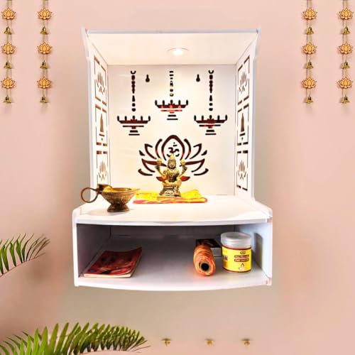 Small White Wooden Wall Mounted Pooja Mandir with LED Light & Storage Shelf - DIY Home Temple
