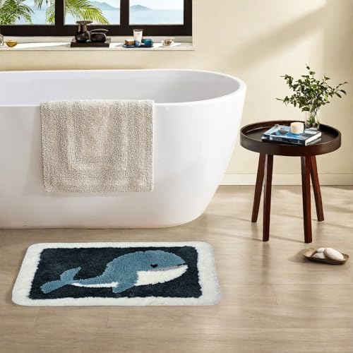 Whale Bath Mat 16x24 Inch, Non-Slip Microfiber Nautical Bathroom Rug