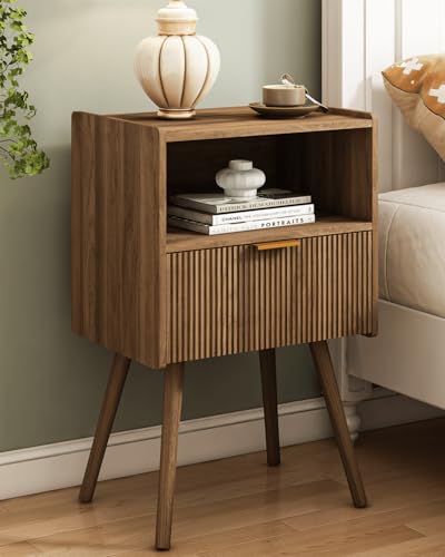 Modern Bedside Table Nightstand with Drawer and Open Shelf - Walnut Brown