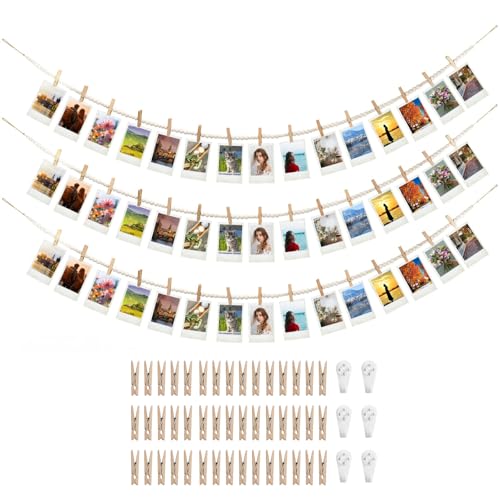 3PCS Boho Wooden Bead Hanging Photo Display with 45 Clips, 67 Inch Wall Art