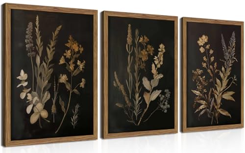 Dark Botanical Wall Art Set of 3 Framed Moody Floral Prints 12x16