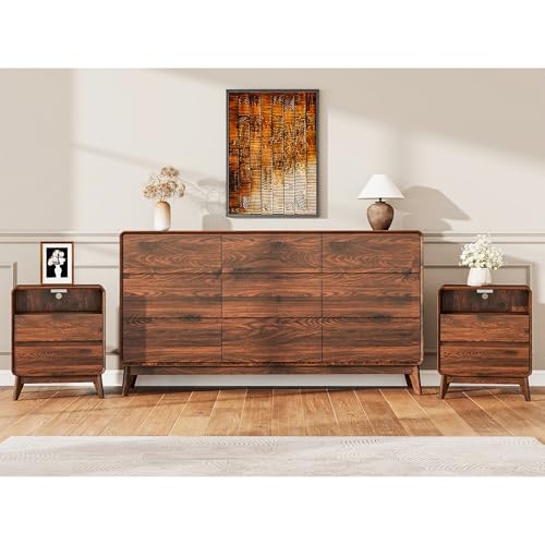 3-Piece Mid-Century Modern Bedroom Dresser and Nightstand Set with Charging