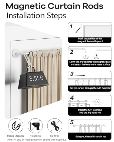 Adjustable Magnetic Curtain Rods for Metal Doors, 18 to 30 Inch, 2 Pack
