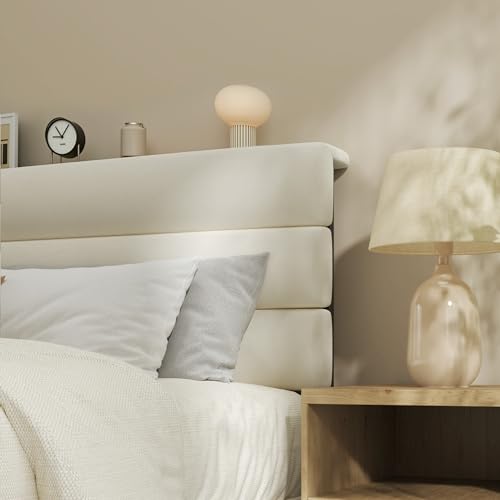 Queen Upholstered Platform Bed Frame with Velvet Headboard, Beige