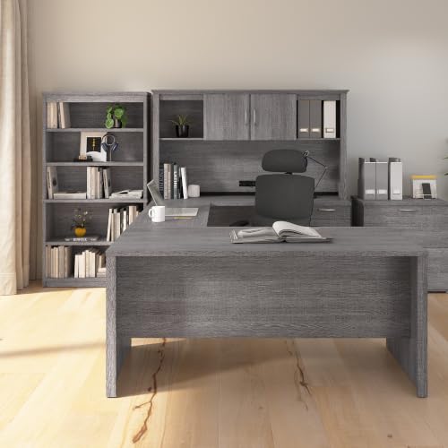 Modular U or L Shaped Executive Desk with Hutch, File Cabinet, and Shelves