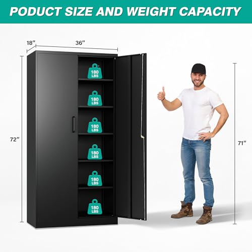 72-Inch Tall Metal Storage Cabinet with 5 Adjustable Shelves and Lock
