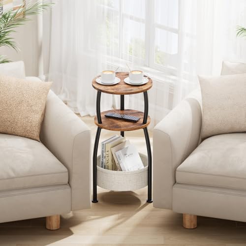 3-Tier Round Side Table with Storage Basket, 24" Small End Table, Rustic Brown