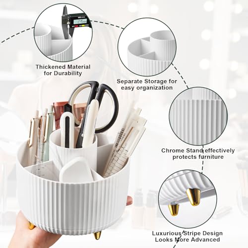 Diesisa White Rotating Makeup Brush Organizer with 5 Slots, 360° Spin Cosmetic Storage